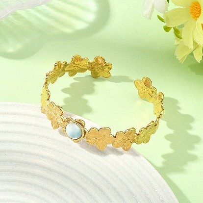 304 Stainless Steel Textured Flower Cuff Bangles with Natural Larimar Inlay