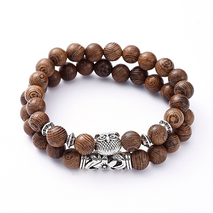 Stretch Bracelets Sets, with Natural Wood Beads and Tibetan Style Alloy Beads, Owl & Tube