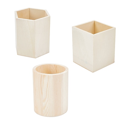 Unfinished Blank Cottonwood Pen Container, for DIY Hand Painting Crafts, Hexagon & Rectangle & Column