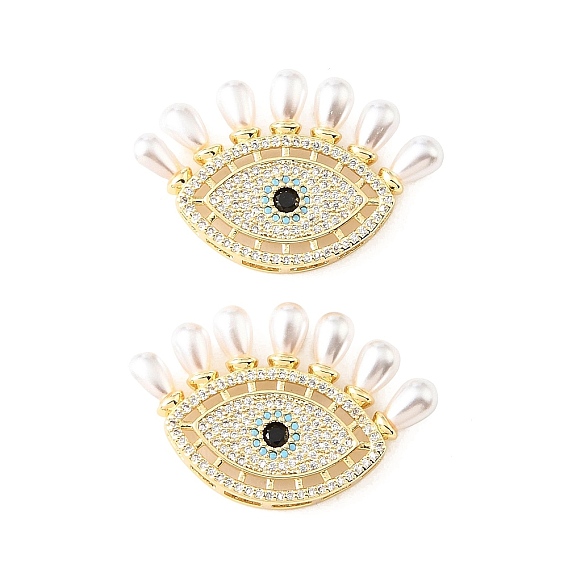 Cuentas de circonita cúbica coloridas con micropavé de latón, con abs perla de plastico, mal de ojo, chapado en rack, larga duración plateado, sin plomo y el cadmio