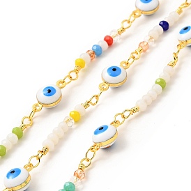 Brass Flat Round Link Chains, with Colorful Enamel Evil Eye & Glass Round Beaded, Lead Free & Cadmium Free, Soldered, with Spool