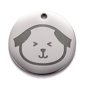 Pendentifs en acier inoxydable, polissage manuel, plat rond avec un chien
