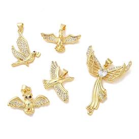 Rack Plating Brass Micro Pave Clear Cubic Zirconia Pendants, Long-Lasting Plated, Cadmium Free & Lead Free, Bird