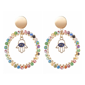 Alloy Enamel Dangle Stud Earrings, with Millefiori Glass Beads and Ear Nuts, Ring with Hamsa Hand & Eye, Golden