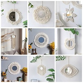 Cotton Macrame Mirror Decorations, Wood Holder Boho Style Hanging Wall Decorative