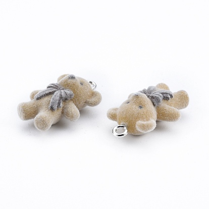 Opaque Resin Pendants, with Platinum Tone Iron Loops, Flocky Bear Charm with Bowknot