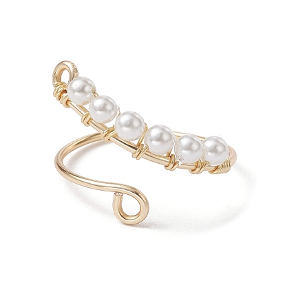 Copper Wire Wrapped Natural Cultured Freshwater Pearl Open Ring, Cuff Finger Ring for Women