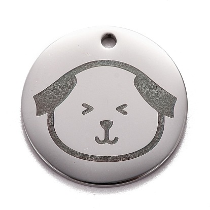 Pendentifs en acier inoxydable, polissage manuel, plat rond avec un chien