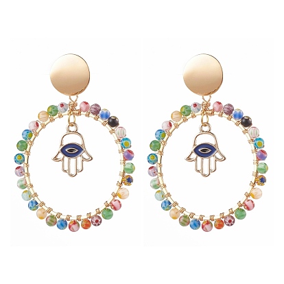 Alloy Enamel Dangle Stud Earrings, with Millefiori Glass Beads and Ear Nuts, Ring with Hamsa Hand & Eye, Golden