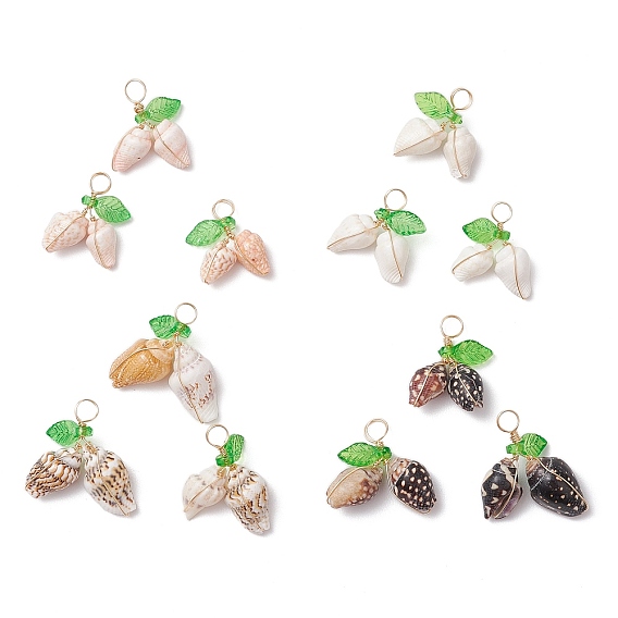 12Pcs 4 Styles Natural Sea Shell Copper Wire Wrapped Pendants, with Lime Green Acrylic Leaf, Golden
