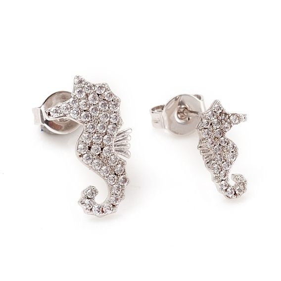 Brass Micro Pave Clear Cubic Zirconia Ear Studs, with Earring Backs and 925 Sterling Silver Pins, Sea Horse