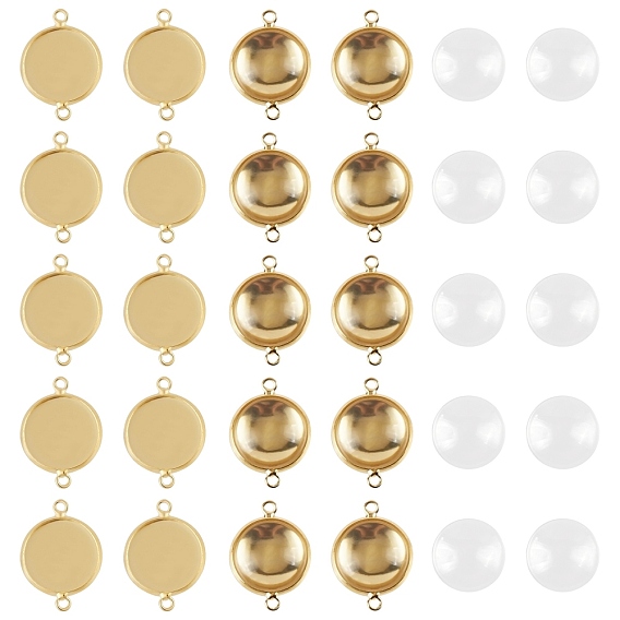 DIY Link Making Kits,include Flat Round Brass Cabochon Connector Settings, Plain Edge Bezel Cups and Transparent Glass Cabochons, Lead Free & Cadmium Free & Nickel Free