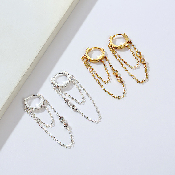 Brass Micro Pave Clear Cubic Zirconia Dangle Earrings, Double Layer Chain Tassel Hoop Earrings