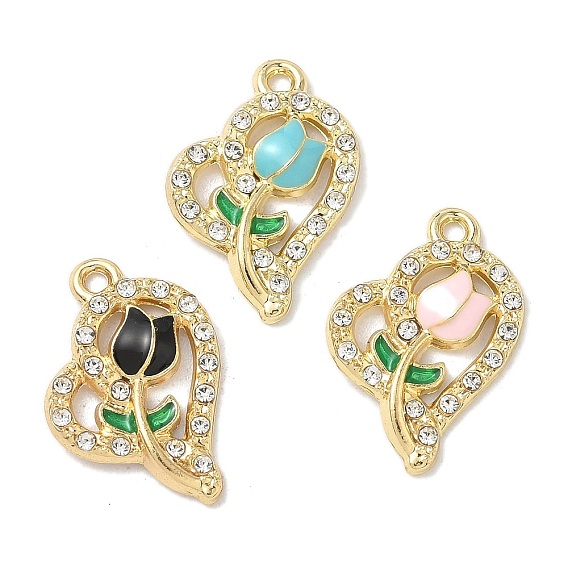 Подвески из сплава эмали и стразов, золотой свет, без кадмия, без никеля и без свинца, сердце с цветочным шармом