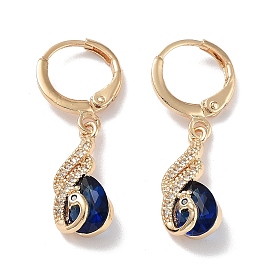 Real 18K Gold Plated Brass Dangle Leverback Earrings, with Cubic Zirconia and Glass, Peacock