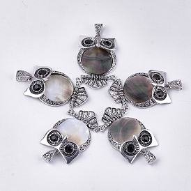 Black Lip Shell Big Pendants, with Alloy Findings and Rhinestone, Owl