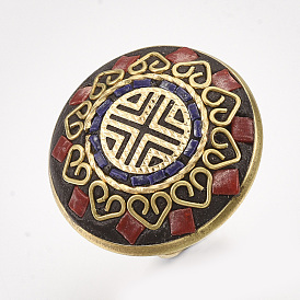 Adjustable Handmade Indonesia Finger Rings, with Brass Findings, Flat Round with Flower