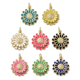 Rack Plating Brass Enamel Pendants, with Jump Ring, Long-Lasting Plated, Lead Free & Cadmium Free, Real 18K Gold Plated, Daisy Charm