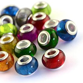Resin European Beads, Large Hole Rondelle Beads, with Silver Color Plated Brass Double Cores