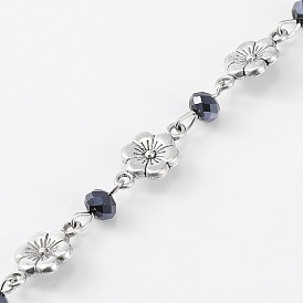 Handmade Glass Rondelle Beads Chains for Necklaces Bracelets Making, with Tibetan Style Alloy Flower Links and Iron Eye Pin, Unwelded, 39.3 inch