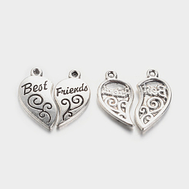 Tibetan Style Alloy Split Pendants, Cadmium Free & Lead Free, Heart with Word Best Friends, 22x12x2mm, Hole: 1.5mm