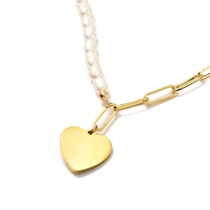 Heart Pendent Necklace for Girl Women, Natural Pearl Beads Necklace, Brass Paperclip Chain Necklace, Golden