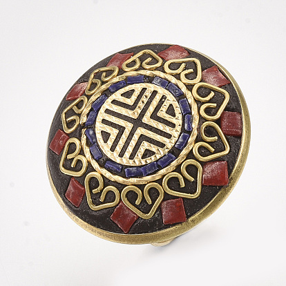 Adjustable Handmade Indonesia Finger Rings, with Brass Findings, Flat Round with Flower