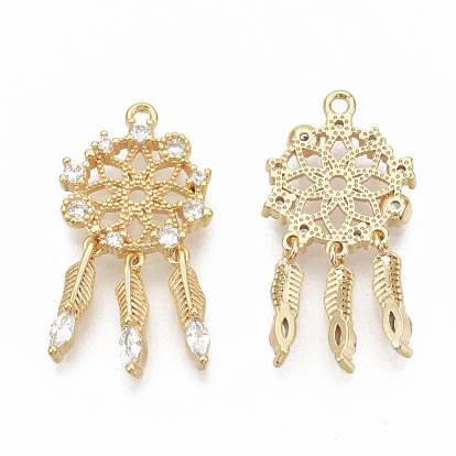 Brass Micro Pave Clear Cubic Zirconia Pendants, Nickel Free, Real 18K Gold Plated, Woven Net/Web with Feather
