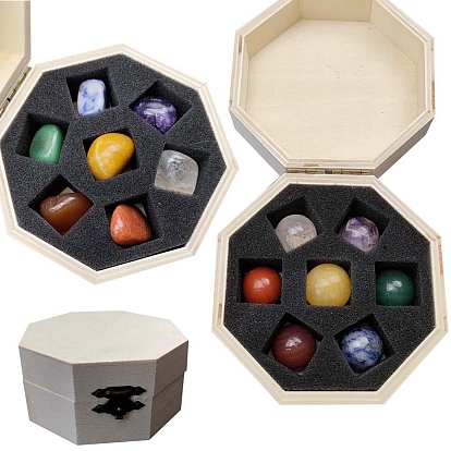 7 Chakra Natural Mixed Stone Crystal Ball with Octagon Wooden Box, Reiki Energy Stone Display Decorations for Healing, Meditation, Witchcraft