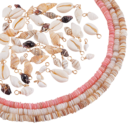 3 нити 3 цвета нити из ракушечных бусин, окрашенные, диск, с 1пакетом натуральных подвесок из смешанных ракушек