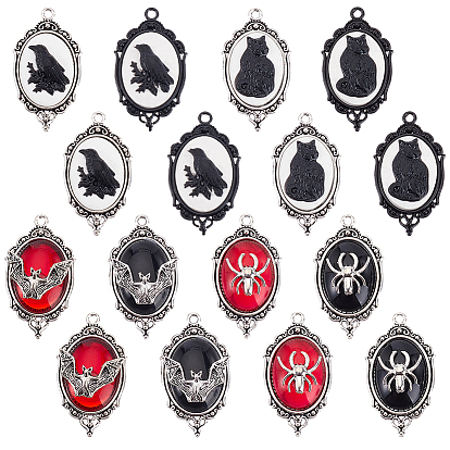 16шт. 8 стили: овальные подвески из сплава в виде кошки/паука/летучей мыши/ворона на тему Хэллоуина, cmолой, античное серебро