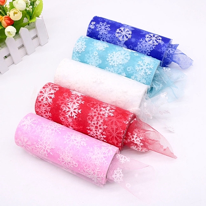10 Yards Christmas Polyester Deco Mesh Ribbon, Printed Snowflake Tulle Fabric, for Bowknot Making