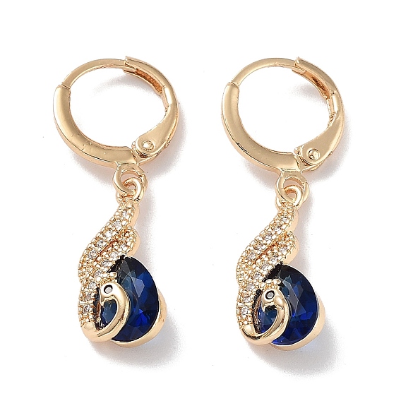 Golden Brass Dangle Leverback Earrings, with Cubic Zirconia and Glass, Peacock