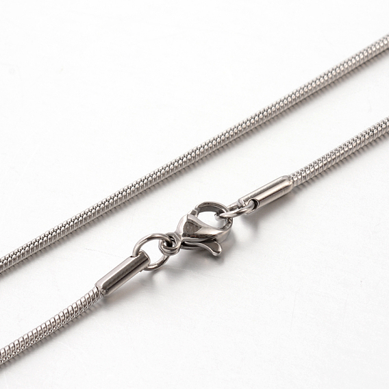 1.5 mm 201 colliers à chaîne serpent ronde en acier inoxydable pour femmes et hommes, avec fermoir pince de homard