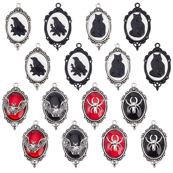 16шт. 8 стили: овальные подвески из сплава в виде кошки/паука/летучей мыши/ворона на тему Хэллоуина, cmолой, античное серебро