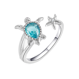 Brass Micro Pave Cubic Zirconia Sea Turtle & Starfish Open Cuff Ring for Women, with Glass