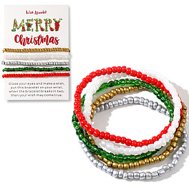 5Pcs Christmas Theme Glass Seed Beads Stretch Bracelet Sets, with Christmas Card Paper Decoration Gift