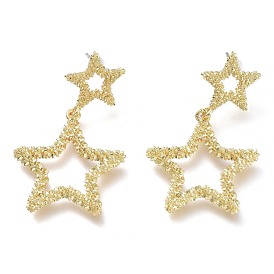 Brass Dangle Stud Earrings, with 304 Stainless Steel Pins and Plastic Ear Nuts, Textured Star
