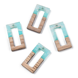Transparent Resin & White Wood Pendants, Two Tone, Hollow Hollow Rectangle Charms