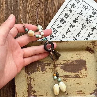 Chinese Style Porcelain & Alloy & Wood Leaf Pendant Adjustable Waxed Cord Long Necklaces for Women