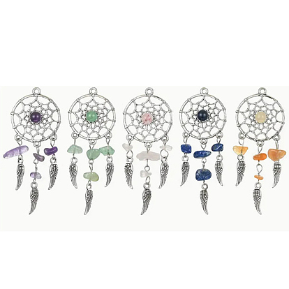 10Pcs 5 Colors Alloy & Natural Lapis Lazuli & Amethyst & Rose Quartz & Green Aventurine & Red Aventurine Chip Woven Web with Feather Big Pendants, Antique Silver