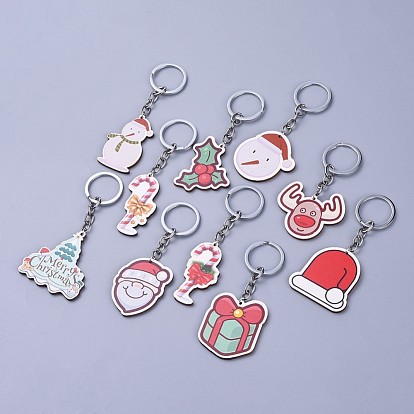 Printed Basswood Keychain, with Alloy Keychain Findings, Mixed Shapes, Platinum
