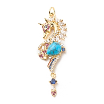 Brass Micro Pave Cubic Zirconia Pendants, with Synthetic Turquoise, Cadmium Free & Lead Free, Real 18K Gold Plated, Sea Horse