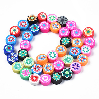 Handmade Polymer Clay Bead Strands, FLat Round with Flower