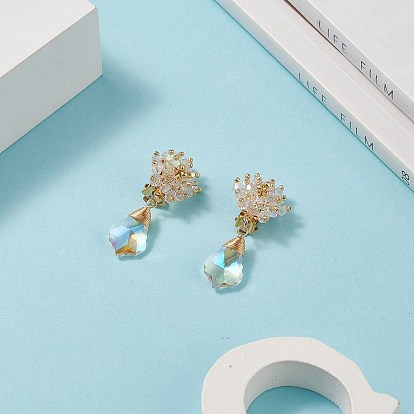 Glass Beaded Flower with Teardrop Dangle Clip-on Earrings, Golden 304 Stainless Steel Wire Wrap Jewelry for Women