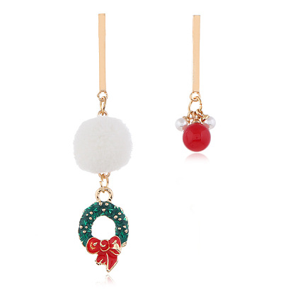 Christmas Pom-Pom Pendant Silver Needle Earrings Asymmetric Studs Snowman Drop Ear Jewelry