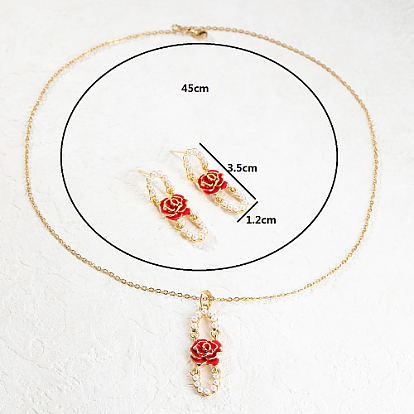 Ovale en perles de plastique avec ensemble de bijoux en forme de fleur, boucles d'oreilles et collier pendentif en alliage doré