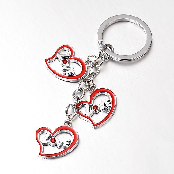 Zinc Alloy Enamel Keychain, with Rhinestones, Heart with Word Love, For Valentine's Day, 110x25mm