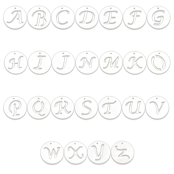 26 шт 26 стиль природных пресноводных ракушек подвески, плоский круглый с выдолбленным письмом