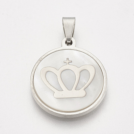 201 Stainless Steel Pendants, with Shell, Flat Round with Crown